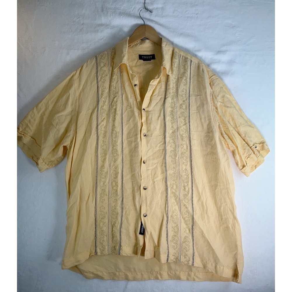 TRUST USA Mens Button Down Yellow Short Sleeve Shirt Linen Blend Fancy Stitch XL